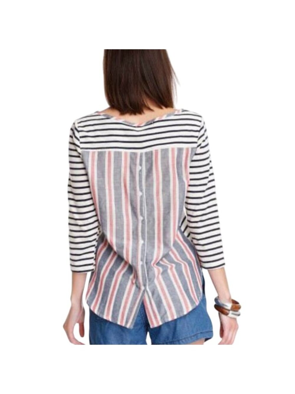 Comme Toi T-Shirt Striped Button/Open Back Tee Red Blue Long Sleeve Top Small